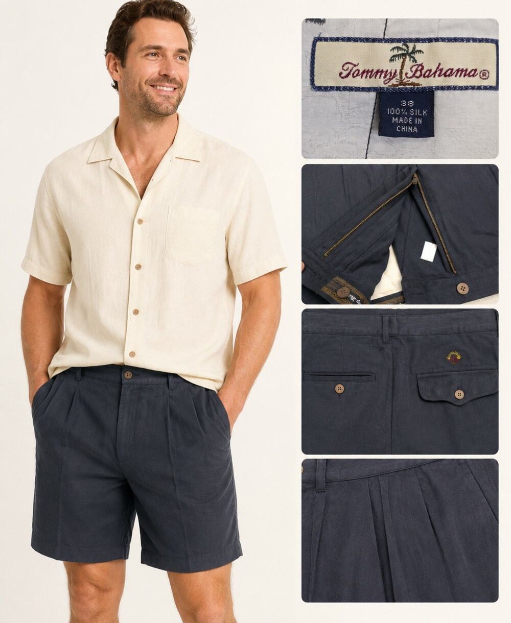 Resort Tommy Bahama Men's Pleated Silk Shorts Size 38 Black Cuffed Hem
